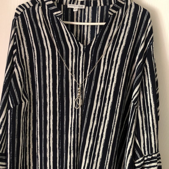 Woman’s fall notations V-neck blue and white striped blouse with hooked chain - Picture 5 of 14